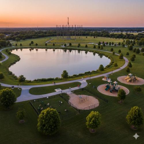 an aerial view of a park with a lake at Mason Marvel Luxe Stay with Pool and Hot Tub in Mason