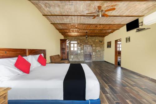 a bedroom with a bed and a ceiling fan at Capital O Hotel Posada Terraza, Tequila Jalisco in Tequila