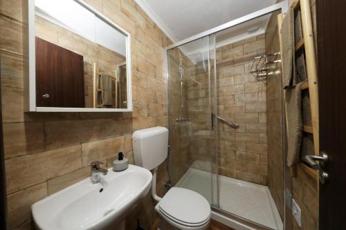 un bagno con wc, lavandino e doccia di Acolhedora Casa Tradicional a Asseca