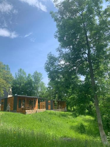 a house in the middle of a field with a tree at Casutele din Poienita in Comarnic