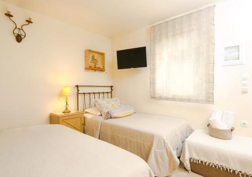 a bedroom with two beds and a tv and a window at Villa Isabella in Naousa