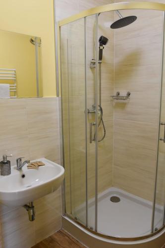 a bathroom with a shower and a sink at Pokoje Mira in Torzym