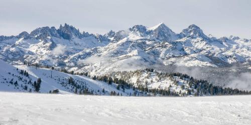 a snow covered mountain range with trees in the foreground at Fireside Pool Access Hot Tub & More in Mammoth Lakes