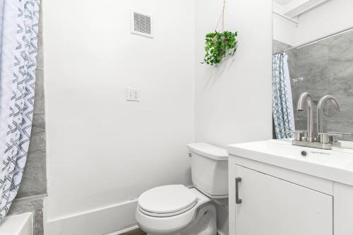 a white bathroom with a toilet and a sink at Cozy Inn Holbrook NorthEnd in Hamtramck