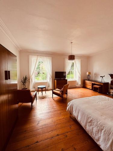 a bedroom with a bed and a living room at The Arches, Georgian Apartment in Cobh