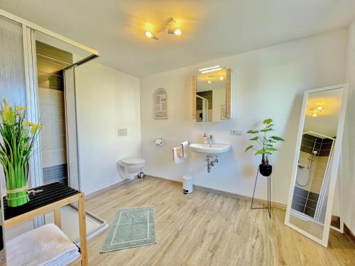 a bathroom with a sink and a toilet at Apartment EverydayGood Erholung-Stadtnah-Anbindung-Einkauf-Biergarten in Salzweg