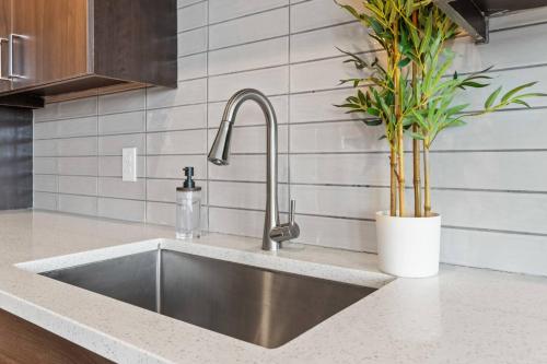 a kitchen sink with a faucet and a plant at Cozy Hideaway, Rooftop Pool, Gym, Shops nearby in Georgetown
