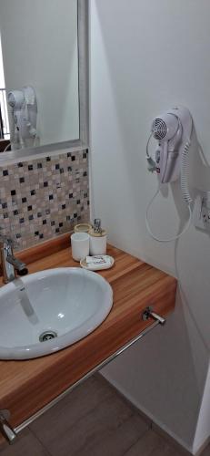 a bathroom with a sink and a hair dryer on a counter at El Atardecer Apart in Federación