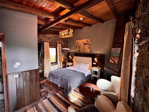 a bedroom with a bed and a couch at Chalet Asteras tou Vorra in Palaios Agios Athanasios
