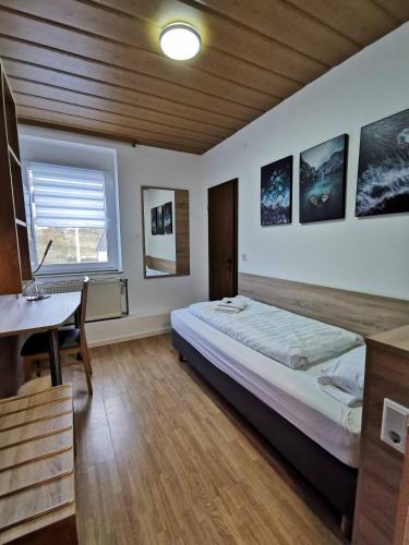 a bedroom with a bed and a desk and a window at Pension zur Linde in Kleinwallstadt