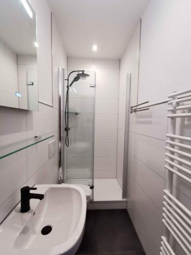 a white bathroom with a shower and a sink at Pension zur Linde in Kleinwallstadt
