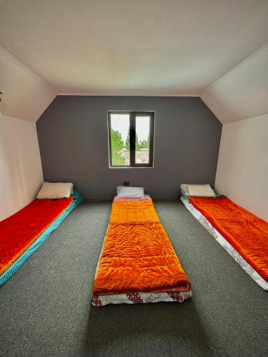 a room with two beds in it with a window at Nomad House in Yur'yevka