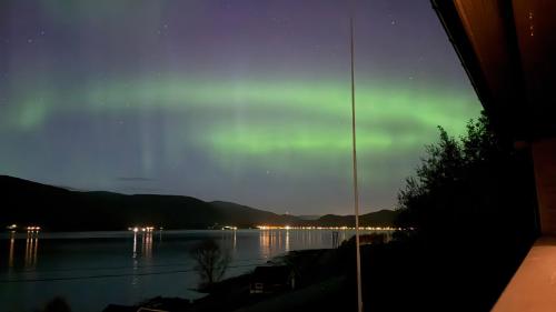 an aurora in the sky over a body of water at Skogstad Ferie og fritid in Tromsø