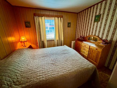 a bedroom with a bed and a sink and a mirror at Hus Retro in Gryllefjord