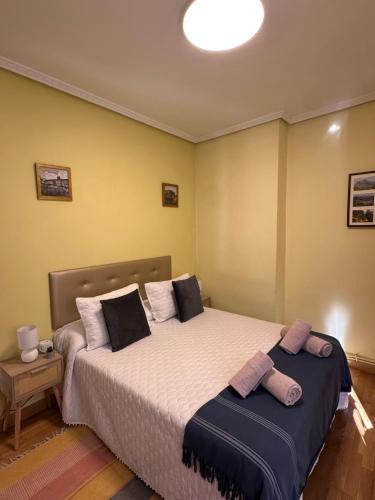 a bedroom with two beds with pillows at Casa de pueblo con merendero y chimenea. in Viguera