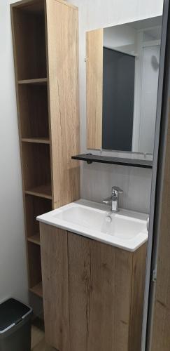 a bathroom with a sink and a mirror at Sfeervol chalet Renesse 3 slpk 2 badk airco in Renesse