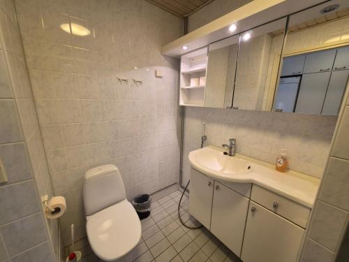 a bathroom with a toilet and a sink at Ikaalisten Kylpylä Apartamentos rantahuoneisto Terme in Ikaalinen