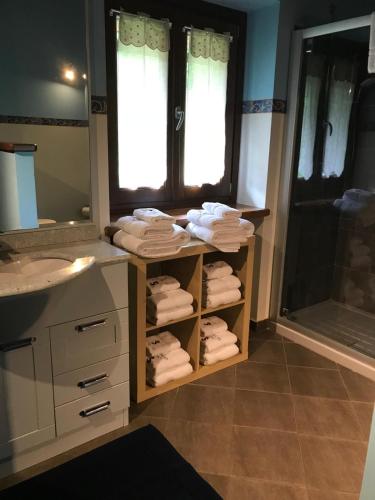 a bathroom with a sink and a counter with towels at Le Notti Magiche in Occhieppo Superiore