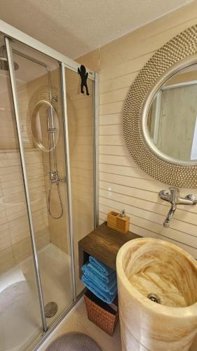 a bathroom with a shower and a sink and a mirror at Villa Brač in Sumartin