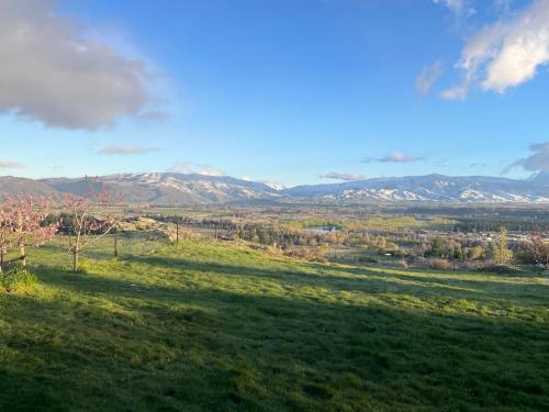 a green field with mountains in the background at Mountain and river view retreat in Alexandra