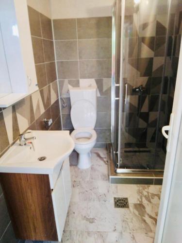 a bathroom with a toilet and a shower and a sink at Vila Nina 
