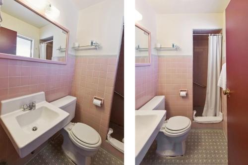 two pictures of a bathroom with a sink and a toilet at Heidelberg Motel by Capital O Bridgeport Frankenmuth MI Dixie HWY in Bridgeport