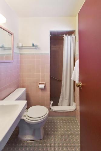 a bathroom with a toilet and a shower at Heidelberg Motel by Capital O Bridgeport Frankenmuth MI Dixie HWY in Bridgeport