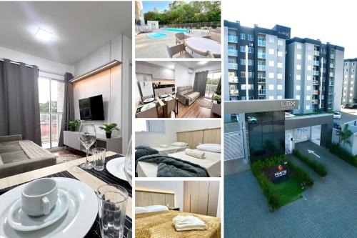 a collage of four pictures of a apartment at Apartamento Inteiro - 2 Quartos com AC - Wifi 1000mb - Piscina - 1 Vaga de Garagem - Elevador - Sacada Gourmet - Indicado para Grupos, Hospedes a Trabalho, Família e Pets in Toledo