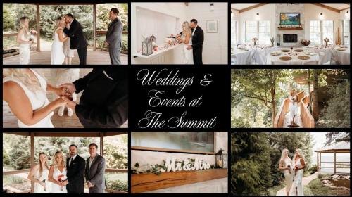 a collage of photos of a wedding and events at the summit at Wildflower Cabin with a private hot tub in Bryant
