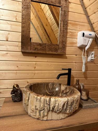 une salle de bain avec un lavabo en pierre et un miroir dans l'établissement Cabanuta din munti, à Moieciu de Jos