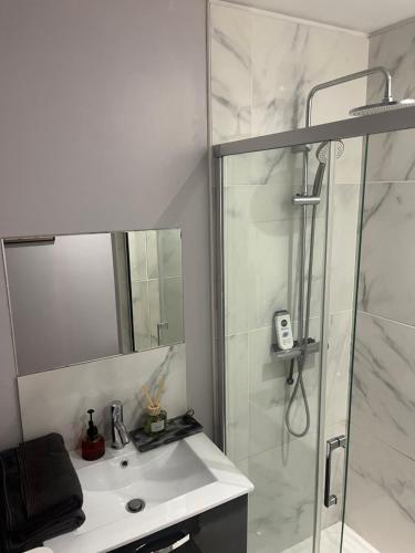 a bathroom with a shower and a sink and a mirror at Nuit Magique en Love Room avec Jacuzzi Privé in Vierzon