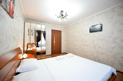 車里雅賓斯克的住宿－Five Stars on ulitsa Svobody，一间卧室设有两张床,墙上配有电视。