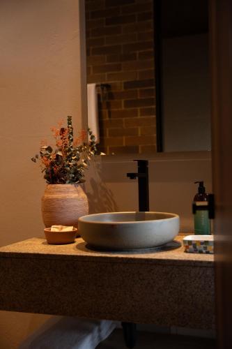 a bathroom counter with a sink and a vase with a plant at Casa Rose Hotel in Carmen de Viboral