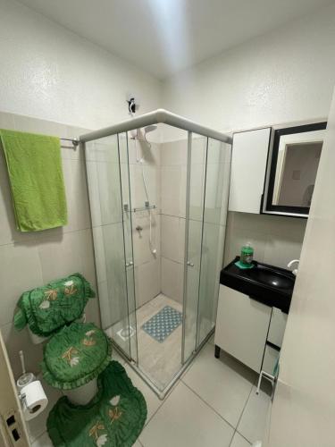 ein Badezimmer mit Dusche, Toilette und Waschbecken in der Unterkunft Apartamento inteiro in Porto Alegre