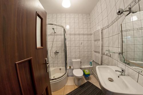 y baño con aseo, lavabo y ducha. en Apartament Rodzinny Hana en Kudowa-Zdrój