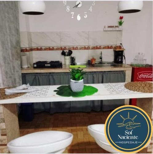 a kitchen counter with a white toilet in a kitchen at Alojamiento Sol Naciente in Puerto Triunfo