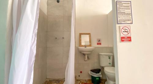 a bathroom with a shower and a toilet at Casa CarpeDM in Quito