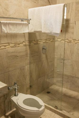 a bathroom with a toilet and a glass shower at Cuxos Hotel Beachfront in Isla Mujeres