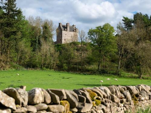 a castle on a hill with a field and a stone wall at 5 Bed in Selkirk TOWER in Selkirk