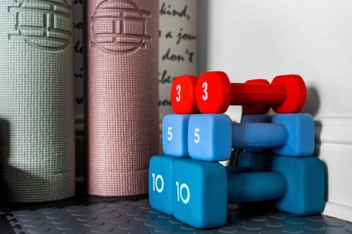 a stack of blue and red balls on a table at Luxury Mountain Retreat with Main House and Garage Apartment. Perfect for Families, Retreats and Remote Work in Sparta