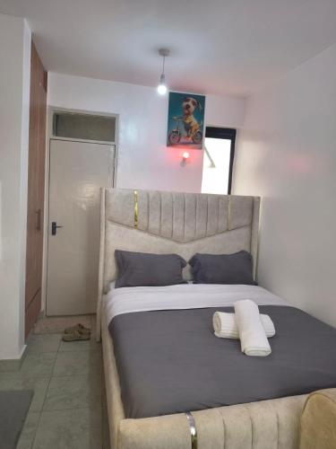 Un dormitorio con una cama grande con dos almohadas encima. en Studio Apartments at Tsavo Royal Surburbs,Roysambu, en Nairobi