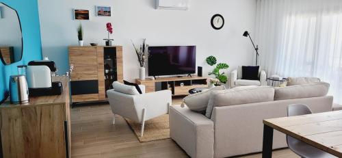 a living room with a couch and chairs and a tv at Marco Polo Apartment in Nazaré