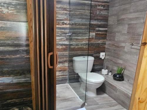 a bathroom with a toilet and a glass shower at Bosveld In Die Stad Lodge in Alberton