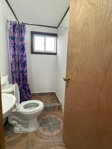 un baño con inodoro y lavabo en Cabañas de campo, en Angol