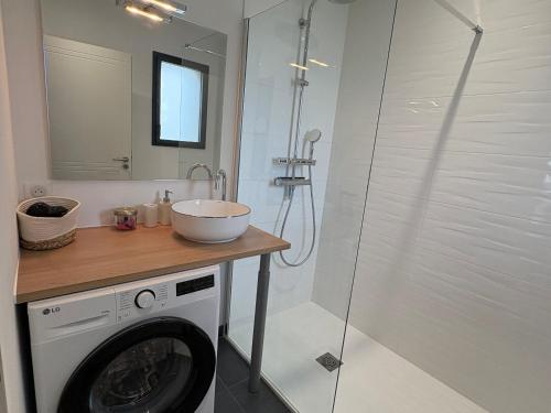 ポール・サン・ペールにあるStudio Jungle avec terrasse et piscine chauffée près de Nantes - FR-1-306-1304のバスルーム(洗濯機、シャワー付)