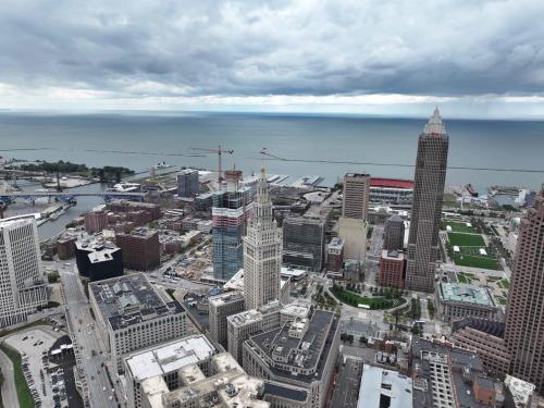 an aerial view of a city with the ocean at Luxe Downtown Suite Stadiums, Casino, R&R Hall! in Cleveland