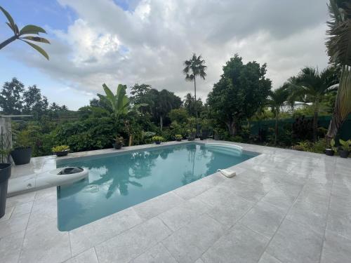 a large swimming pool in a yard with trees at Villa Kassav'ry in Capesterre-Belle-Eau