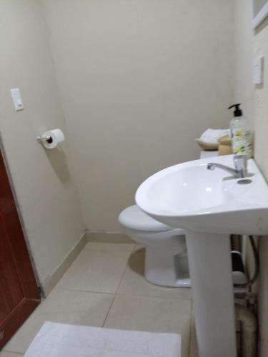 Un baño con un inodoro blanco y un lavabo. en Casa Real, en Panamá