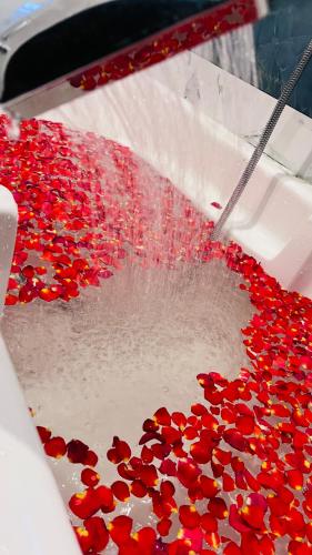 a bunch of red hearts on a white cake at The Chalet - Cozy Villa with Mini Pool, near Eden Blue Flag Beach, Pondicherry - JR Groups in Puducherry