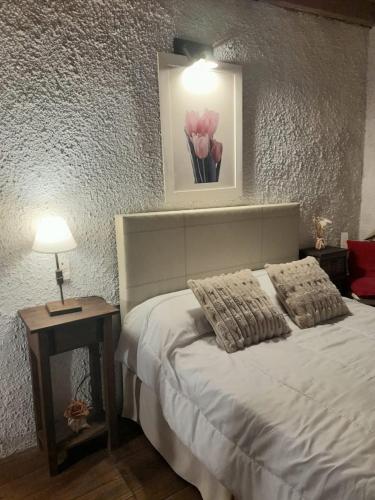 a bedroom with a bed and a table with a lamp at Perla Gris Chascomus Departamento a 3 cuadras de la laguna y 4 del centro in Chascomús